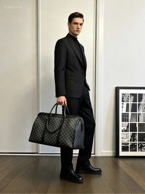 Checker Travel Leather Duffel Bag - Black and grey